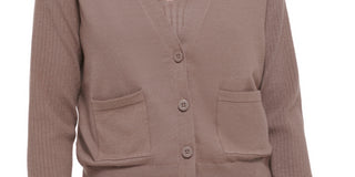 Calvin Klein Cardigan Feminino Manga Canelada Botões Frontais Marrom Tamanho Grande