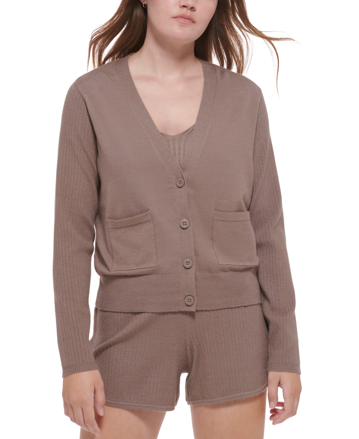 Calvin Klein Cardigan Feminino Manga Canelada Botões Frontais Marrom Tamanho Médio