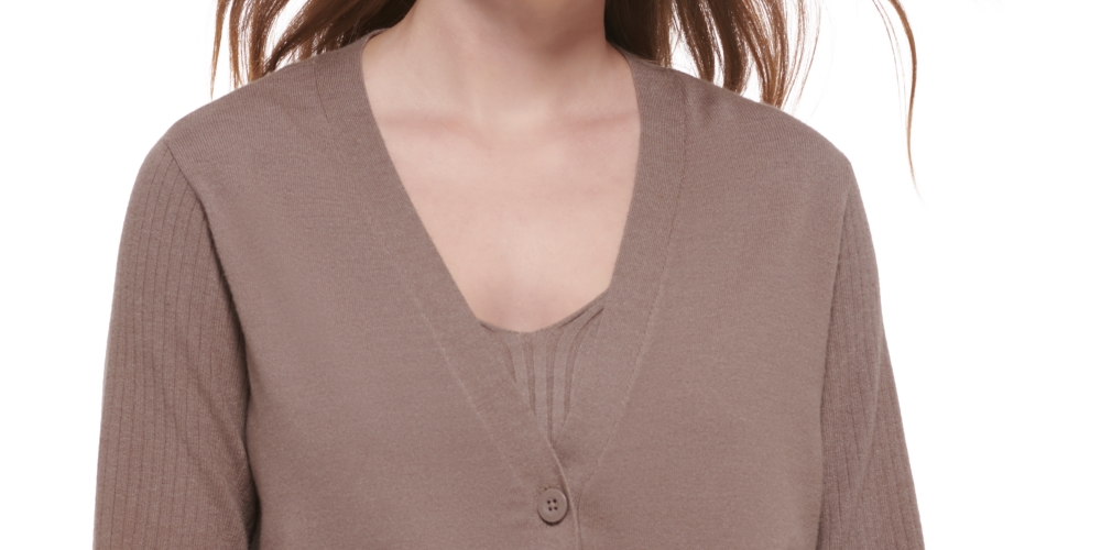 Calvin Klein Cardigan Feminino Manga Canelada Botões Frontais Marrom Tamanho Médio
