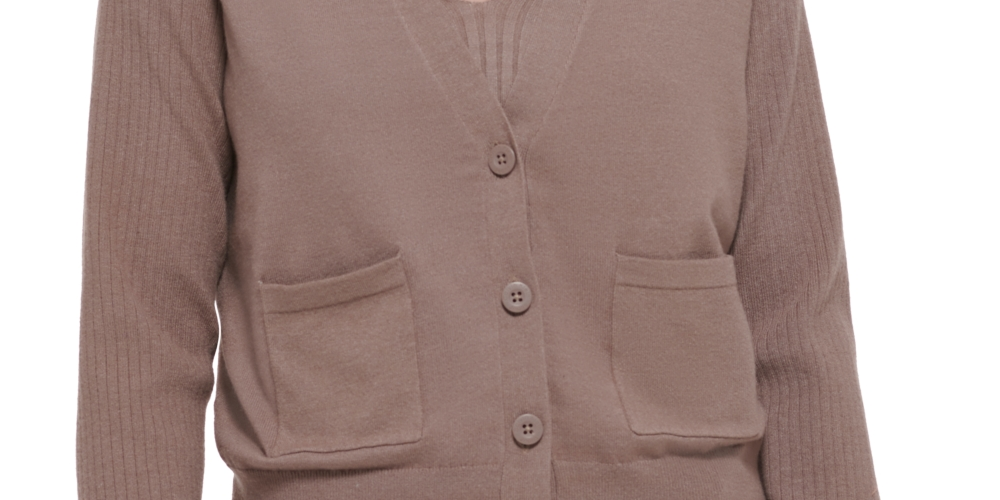 Calvin Klein Cardigan Feminino Manga Canelada Botões Frontais Marrom Tamanho Médio