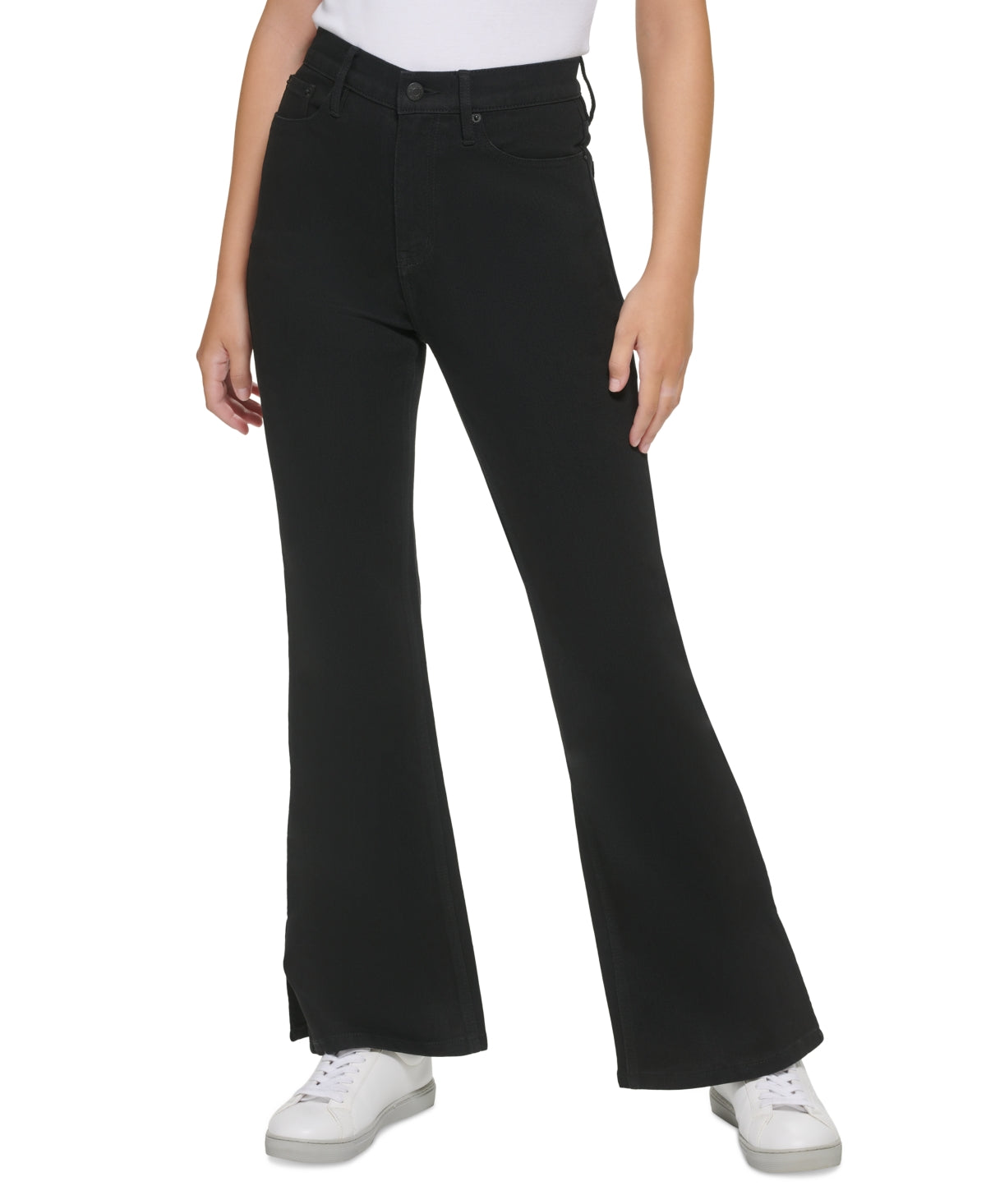 Calça jeans feminina Calvin Klein cintura alta flare com fenda, preta, tamanho 24