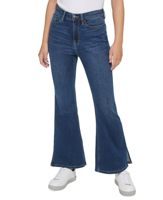 Calça jeans feminina Calvin Klein Jeans cintura alta flare com fenda azul tamanho 32