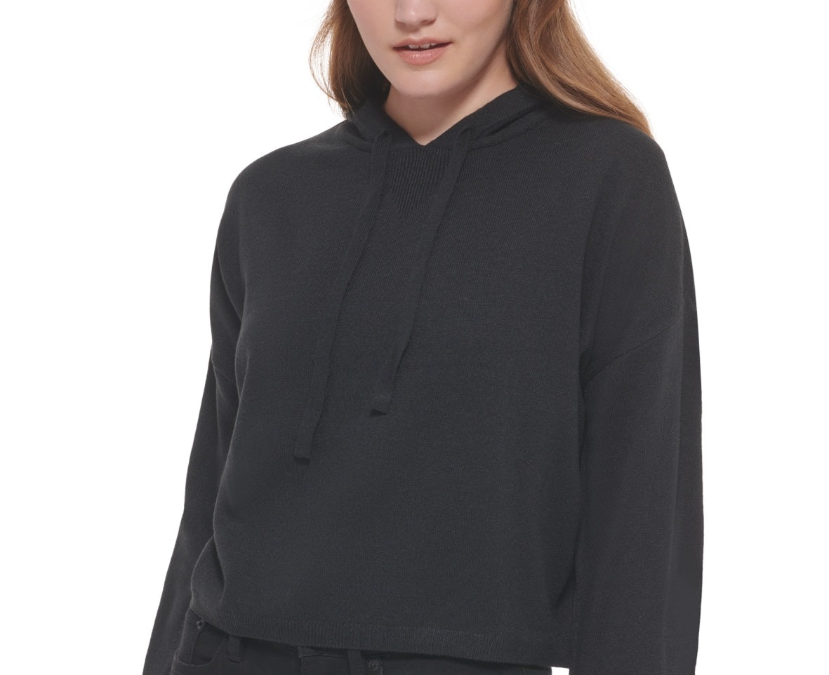 Blusa feminina Calvin Klein com capuz e manga sino, preta, tamanho médio