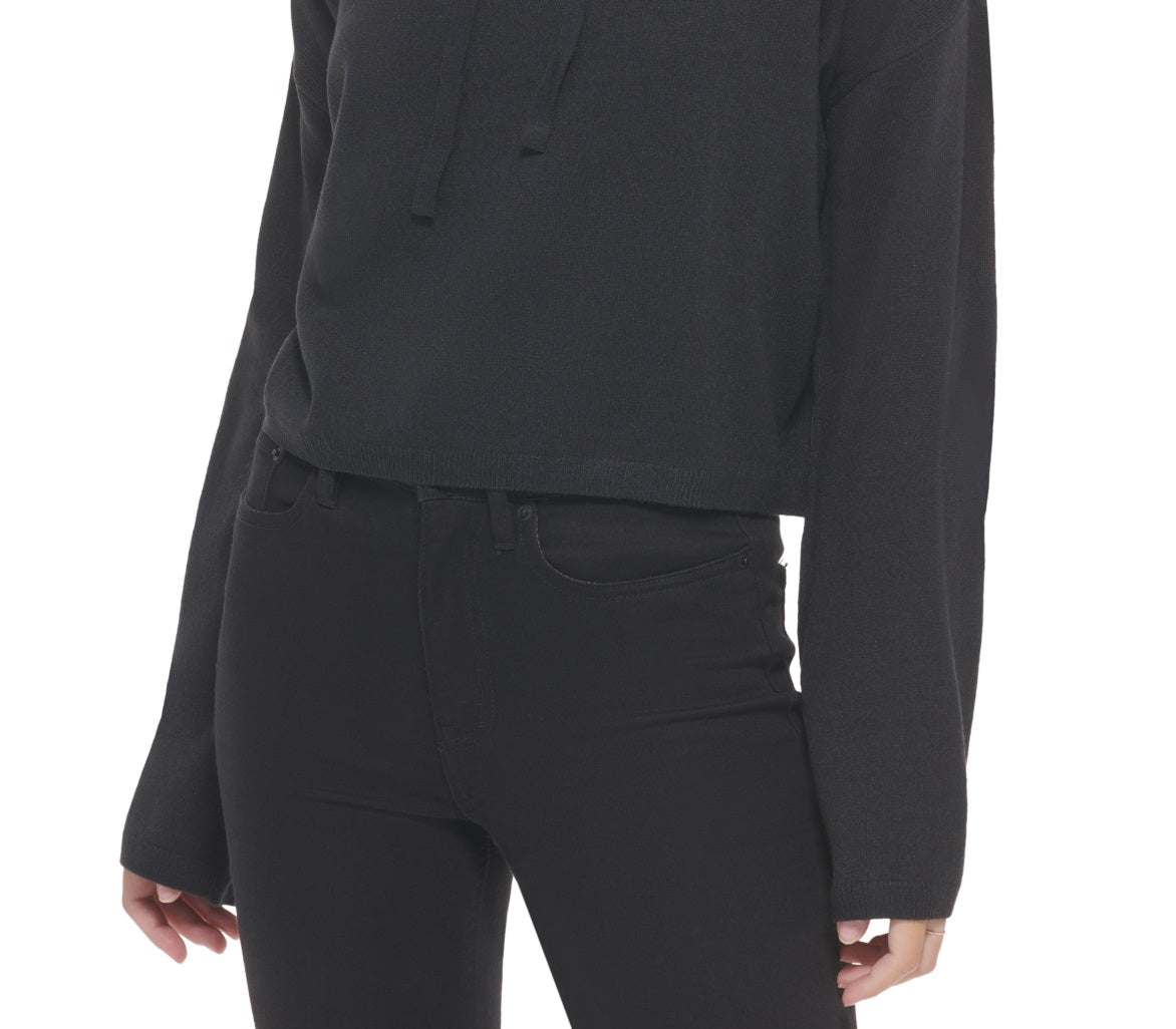 Blusa feminina Calvin Klein com capuz e manga sino, preta, tamanho médio