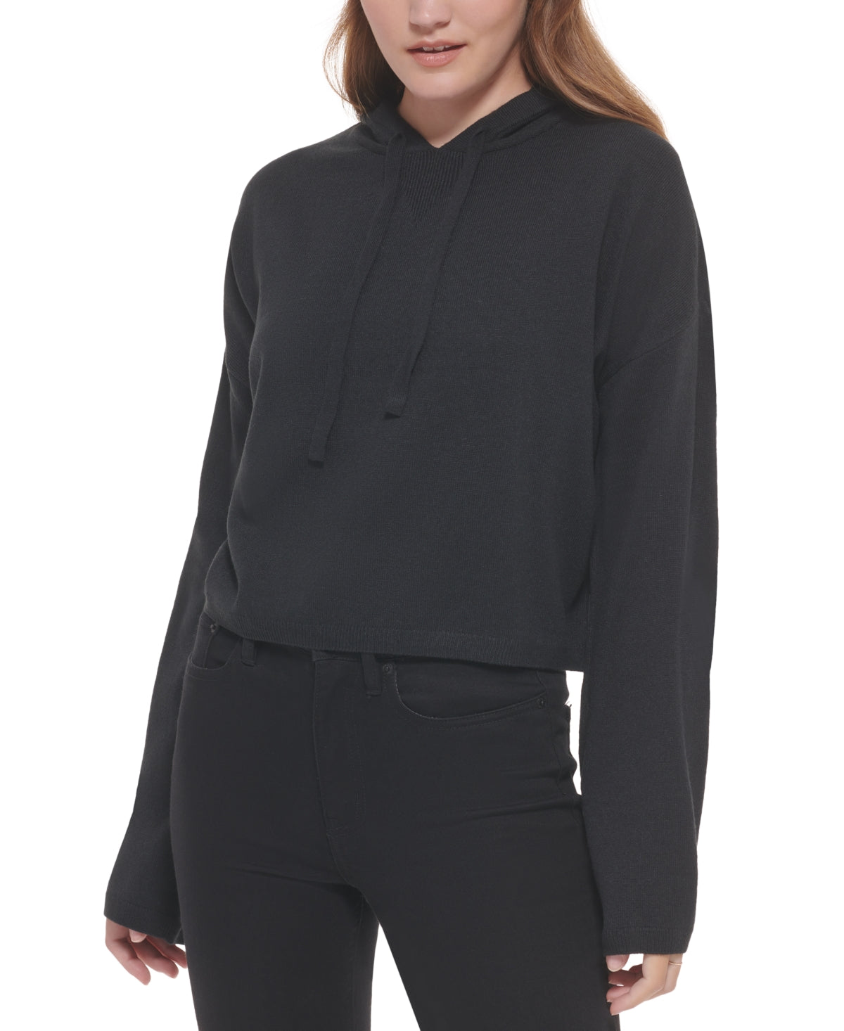 Blusa feminina Calvin Klein Jeans com capuz e manga sino, preta, tamanho pequeno