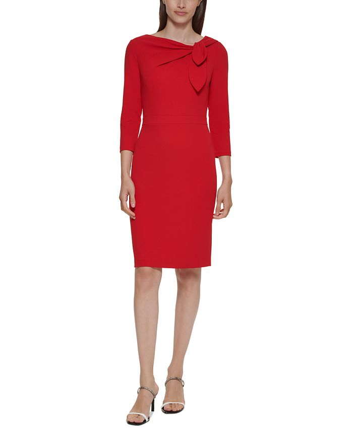 Vestido Calvin Klein Feminino com Decote Laço e Manga 3/4 Vermelho Tamanho 4 Petite