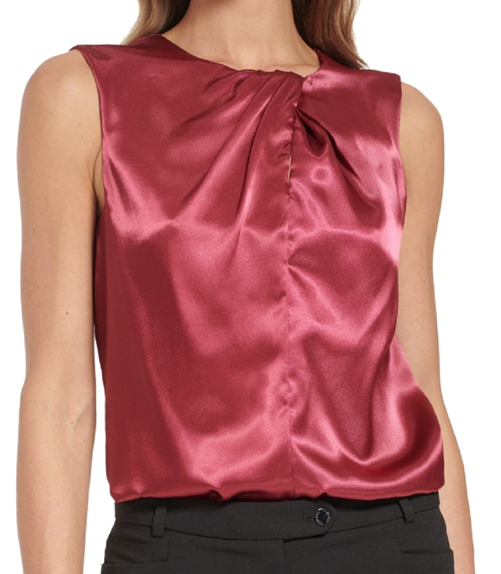 Blusa feminina Calvin Klein sem mangas com pregas e decote vermelho, tamanho médio