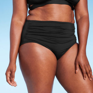 Calcinha de biquíni feminina Kona Sol com franzido e cintura alta, cobertura alta, preta, tamanho G