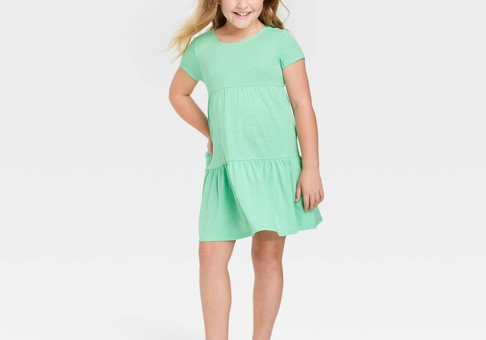 Vestido de malha com manga curta e camadas para meninas Cat &amp; Jack, verde, tamanho G