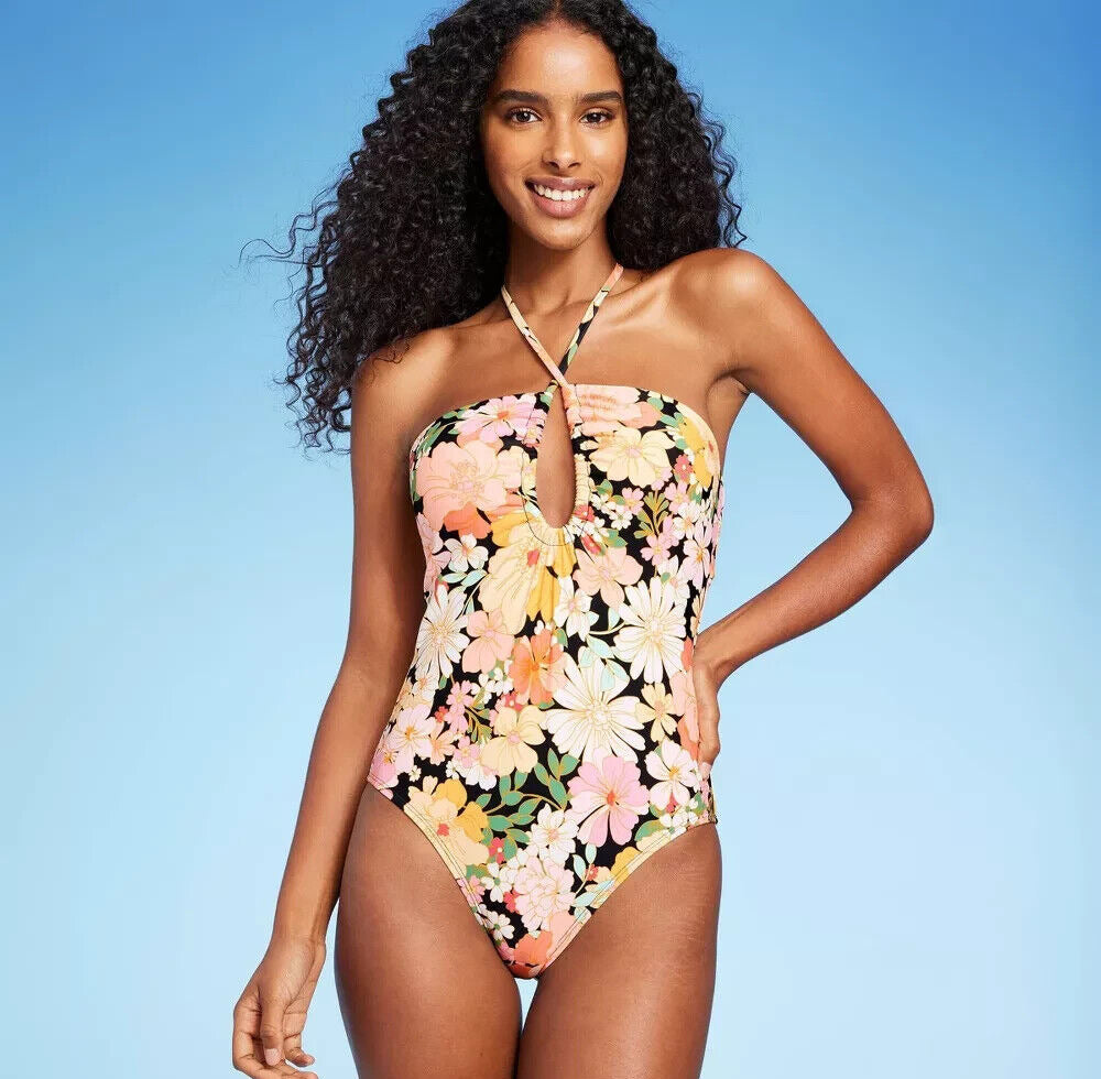 Shade &amp; Shore Maiô Feminino Halter Keyhole Bandeau One Piece Estampa Floral Multi Tamanho P