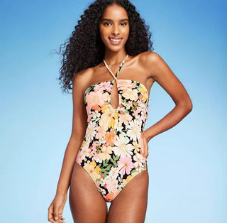 Shade &amp; Shore Maiô Feminino Halter Keyhole Bandeau One Piece Estampa Floral Multi Tamanho P