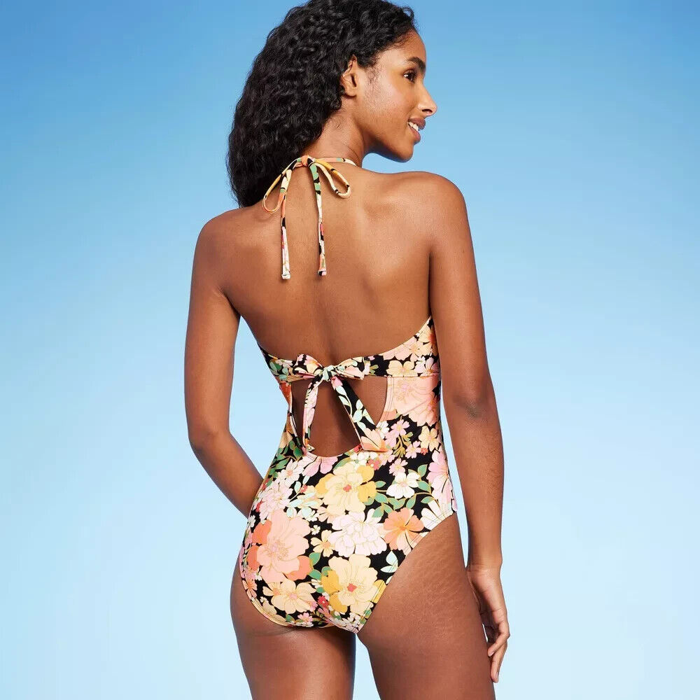 Shade &amp; Shore Maiô Feminino Halter Keyhole Bandeau One Piece Estampa Floral Multi Tamanho P