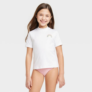 Rash Guard Top Arco-Íris Manga Curta Cat &amp; Jack para Meninas, Branco, G