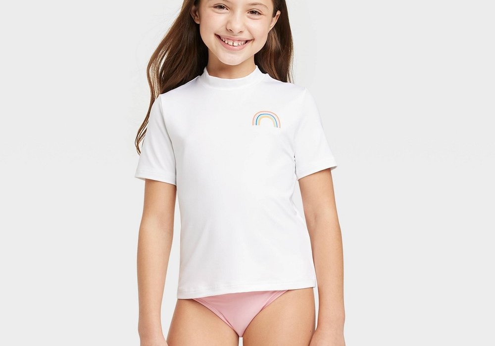 Rash Guard Top Arco-Íris Manga Curta Cat &amp; Jack para Meninas, Branco, G