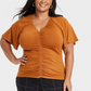 Blusa de malha franzida de manga curta esvoaçante feminina Ava &amp; Viv, tamanho bronze 2X