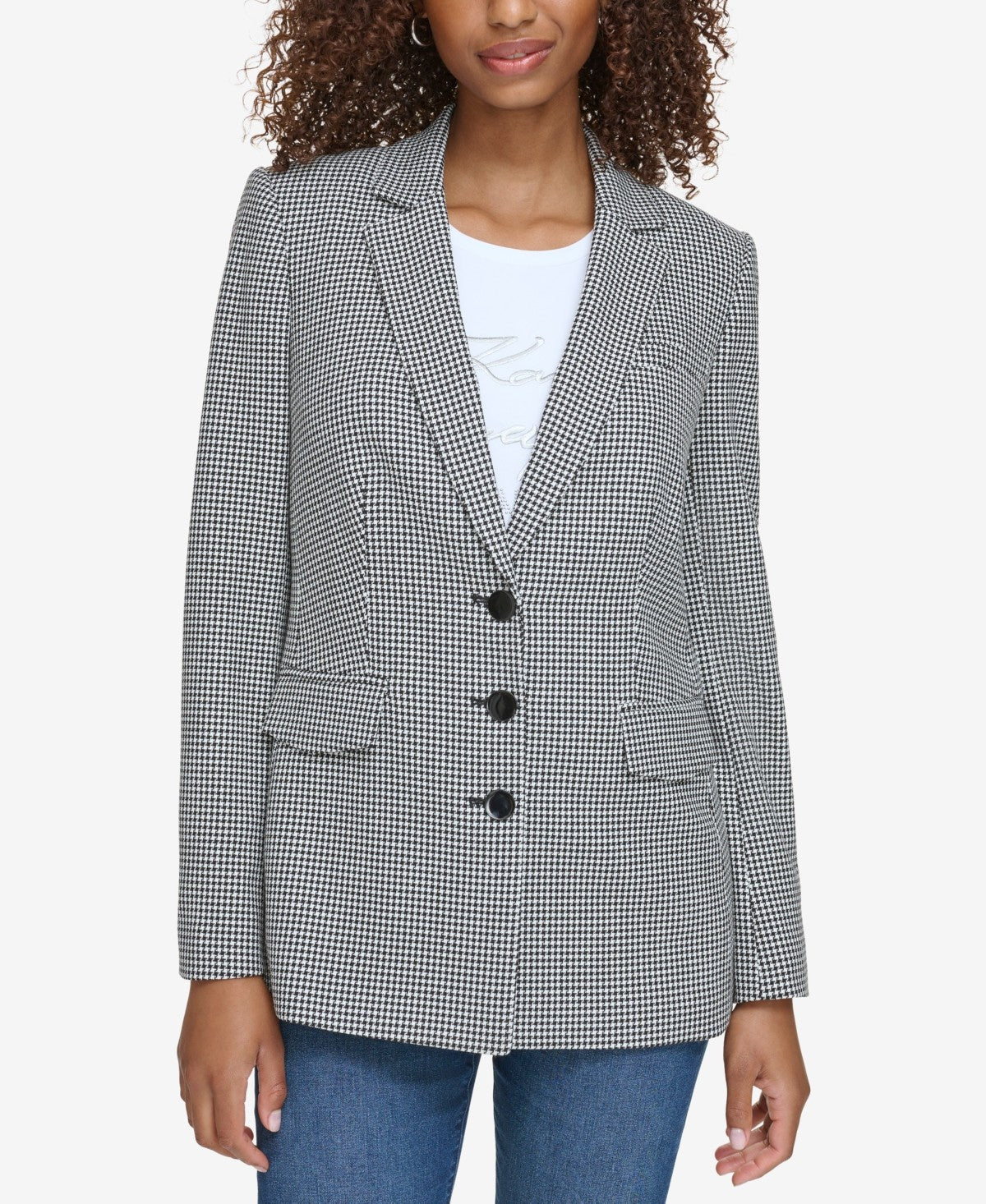 Karl Lagerfeld Paris Petite Houndstooth Check Blazer Black White