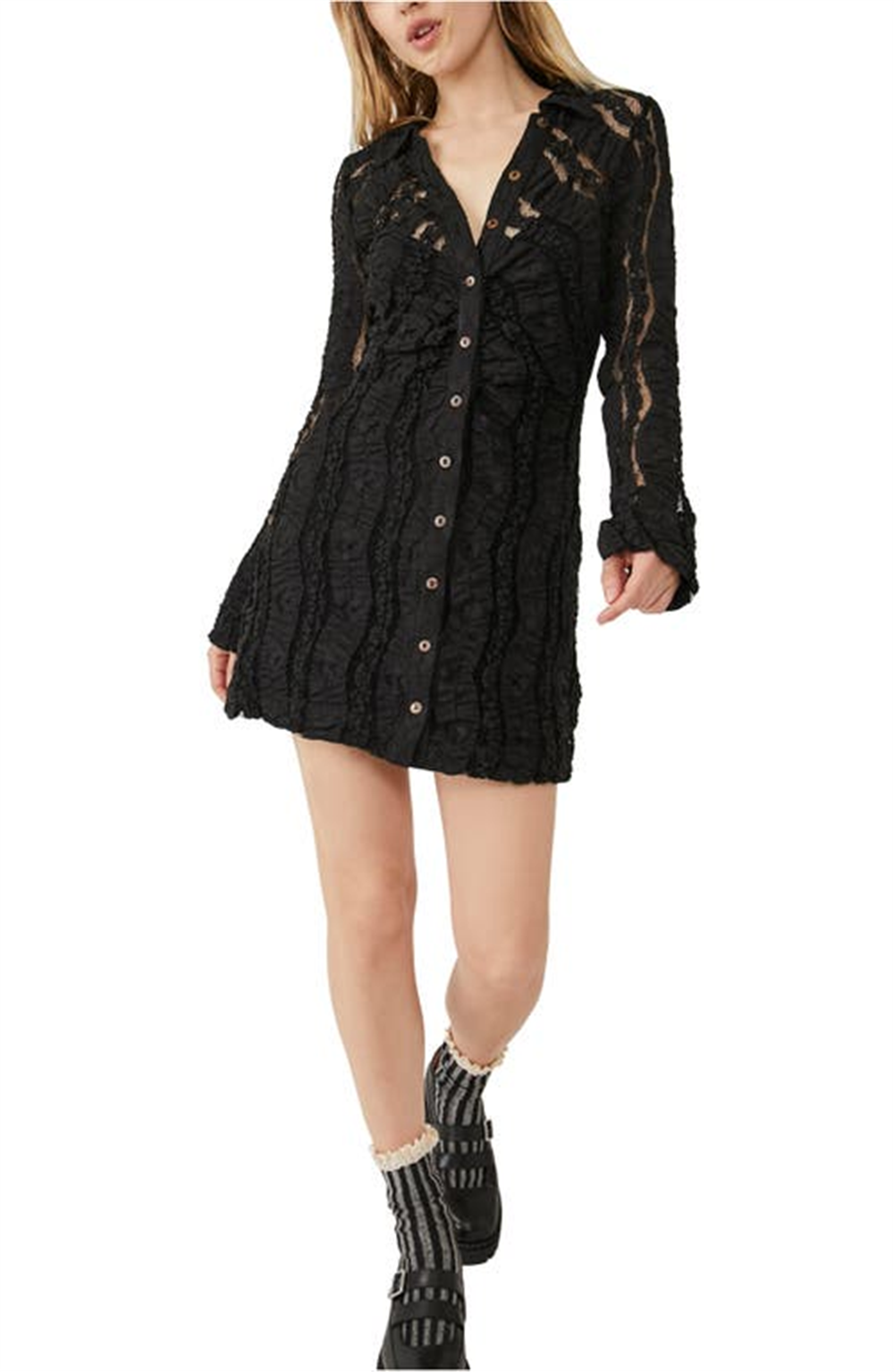 Vestido curto de renda com manga comprida Shayla da Free People para mulheres, preto, tamanho médio