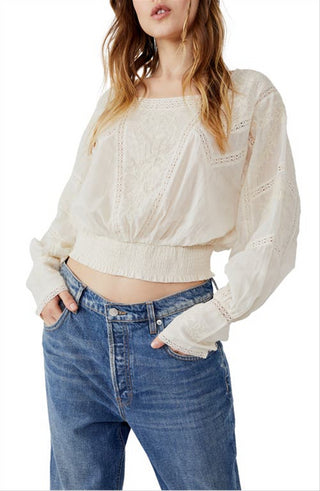 Blusa feminina Lucky Me com bordado e acabamento em renda, marrom, tamanho médio