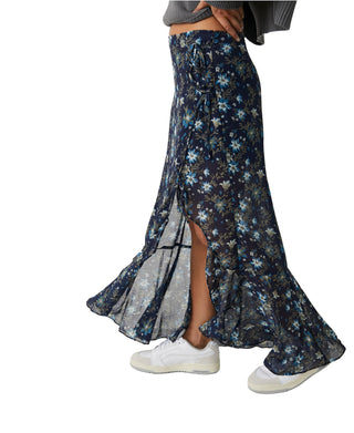 Saia longa feminina Free People Edge Floral com amarração lateral, azul, tamanho 2