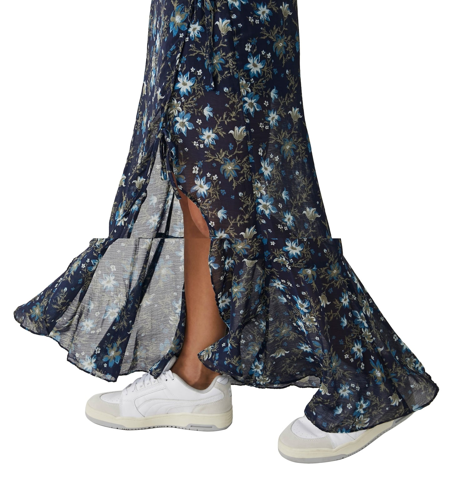 Saia longa feminina Free People Edge Floral com amarração lateral, azul, tamanho 2