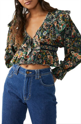 Blusa curta com babados e estampa Rudi feminina Free People, preta, tamanho grande
