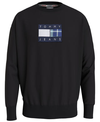 Tommy Hilfiger Moletom masculino com gola redonda e logo xadrez, ajuste relaxado, preto, tamanho médio