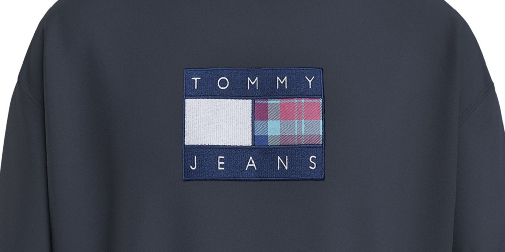 Tommy Hilfiger Moletom masculino com gola redonda e logo xadrez, ajuste relaxado, azul, tamanho médio
