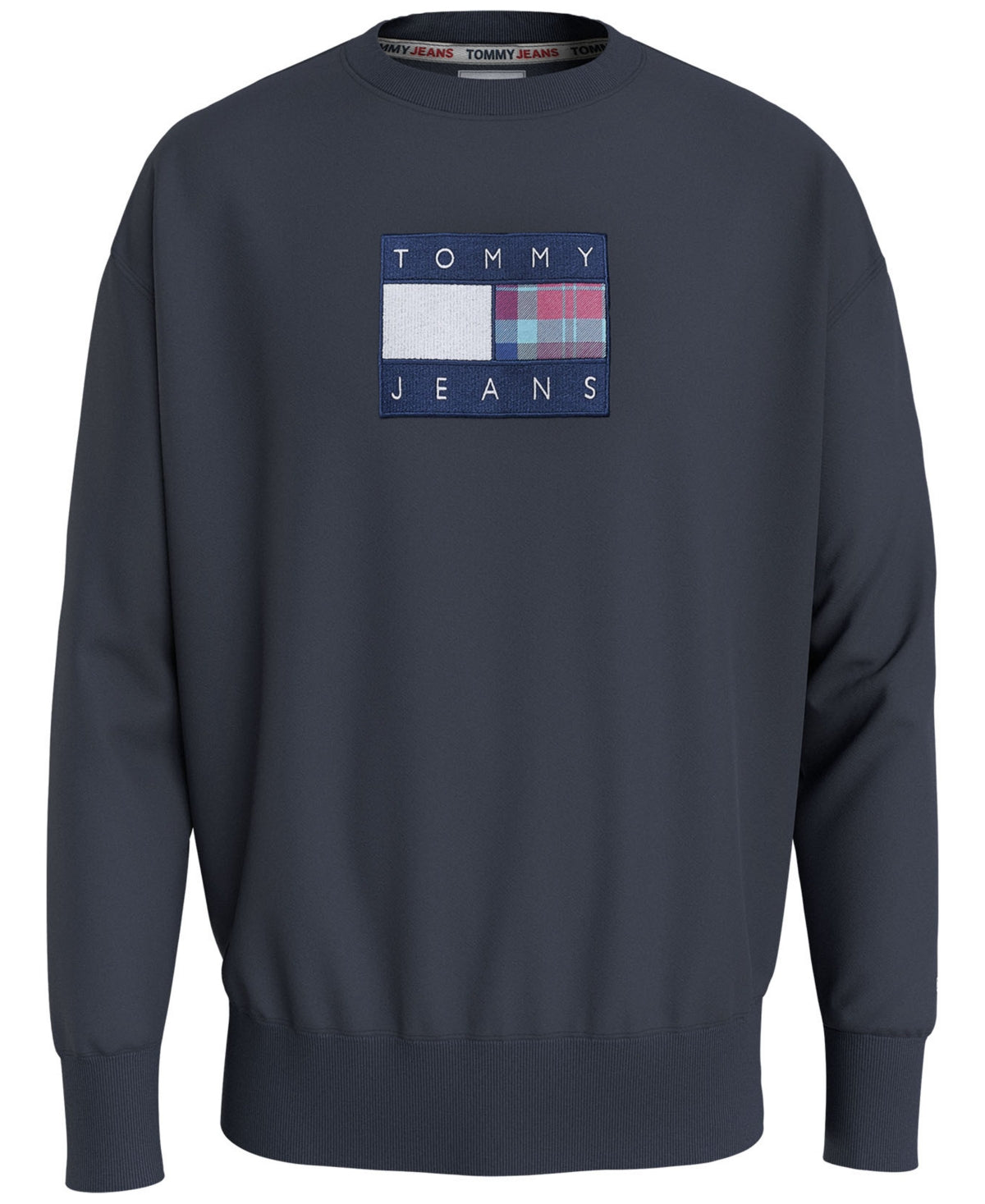 Tommy Hilfiger Moletom masculino com gola redonda e logo xadrez, ajuste relaxado, azul, tamanho pequeno