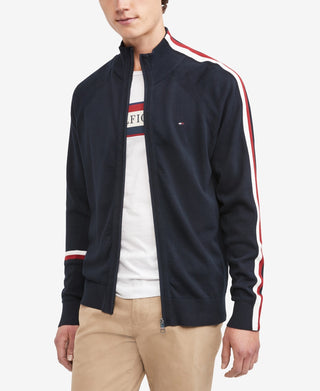 Tommy Hilfiger Suéter Masculino Global Stripe Intarsia com Zíper Completo Azul Tamanho Médio