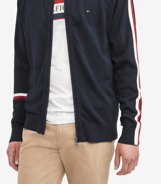 Tommy Hilfiger Suéter Masculino Global Stripe Intarsia com Zíper Completo Azul Tamanho Médio