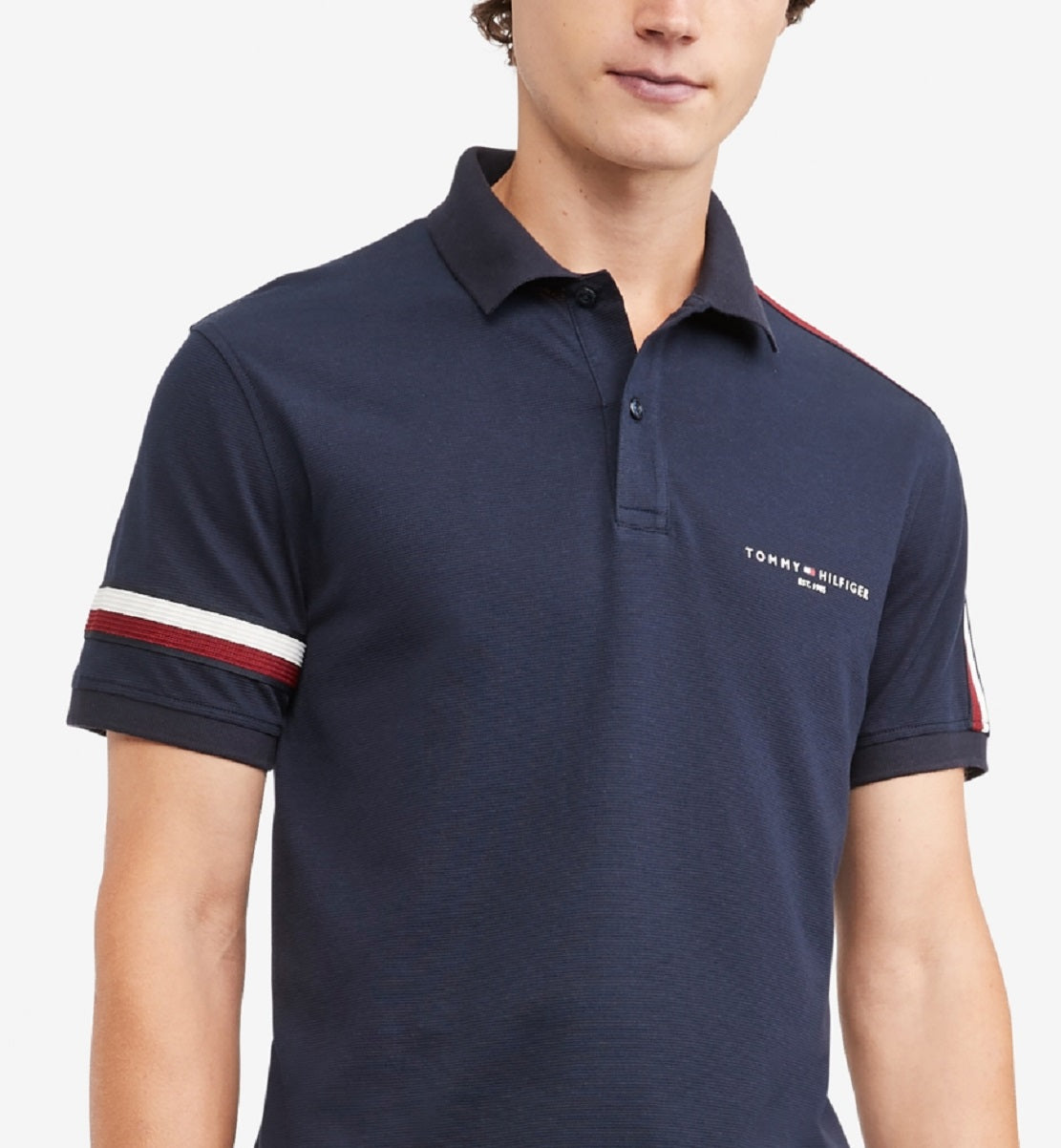 Camisa polo masculina Tommy Hilfiger Global Stripe Regular Fit de manga curta, marrom, tamanho médio