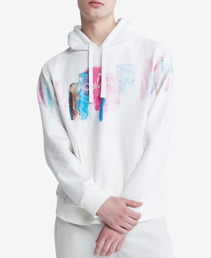 Calvin Klein Masculino Manga Longa com Capuz e Logotipo Gráfico Respingos de Tinta Branco Tamanho Grande