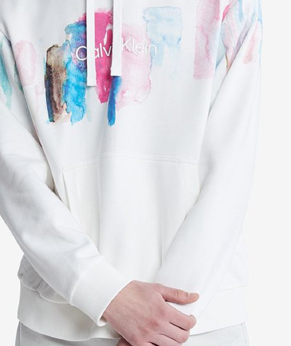 Calvin Klein Masculino Manga Longa com Capuz e Logotipo Gráfico Respingos de Tinta Branco Tamanho Grande