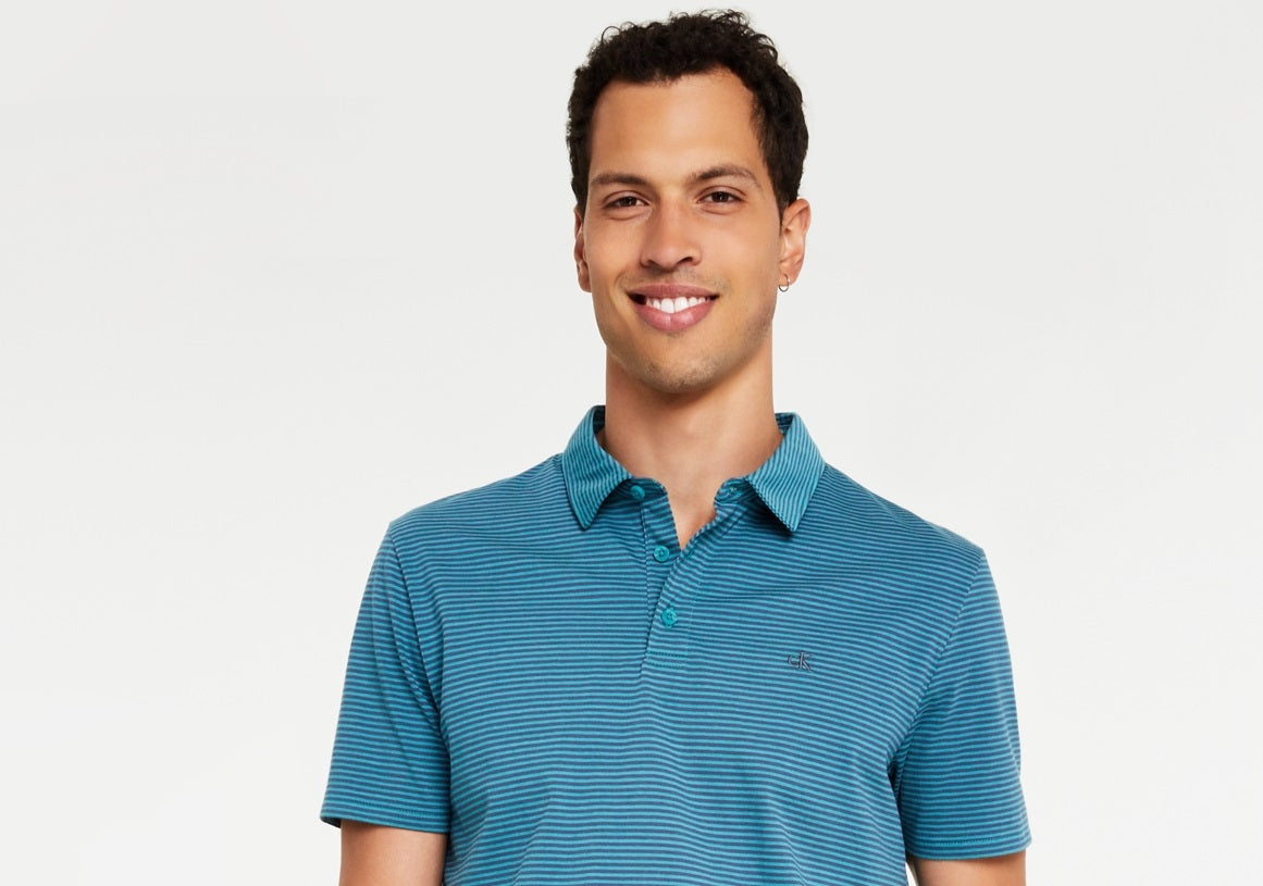 Camisa polo Calvin Klein masculina de algodão liso com listras laterais, azul, tamanho médio