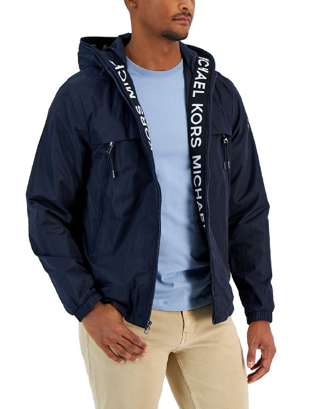 Jaqueta corta-vento masculina Michael Kors com capuz e fita de logotipo resistente à água, azul, tamanho grande