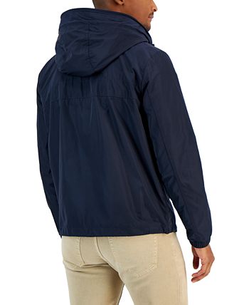 Jaqueta corta-vento masculina Michael Kors com capuz e fita de logotipo resistente à água, azul, tamanho grande
