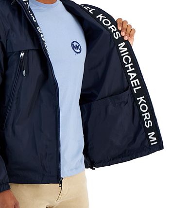 Jaqueta corta-vento masculina Michael Kors com capuz e fita de logotipo resistente à água, azul, tamanho grande