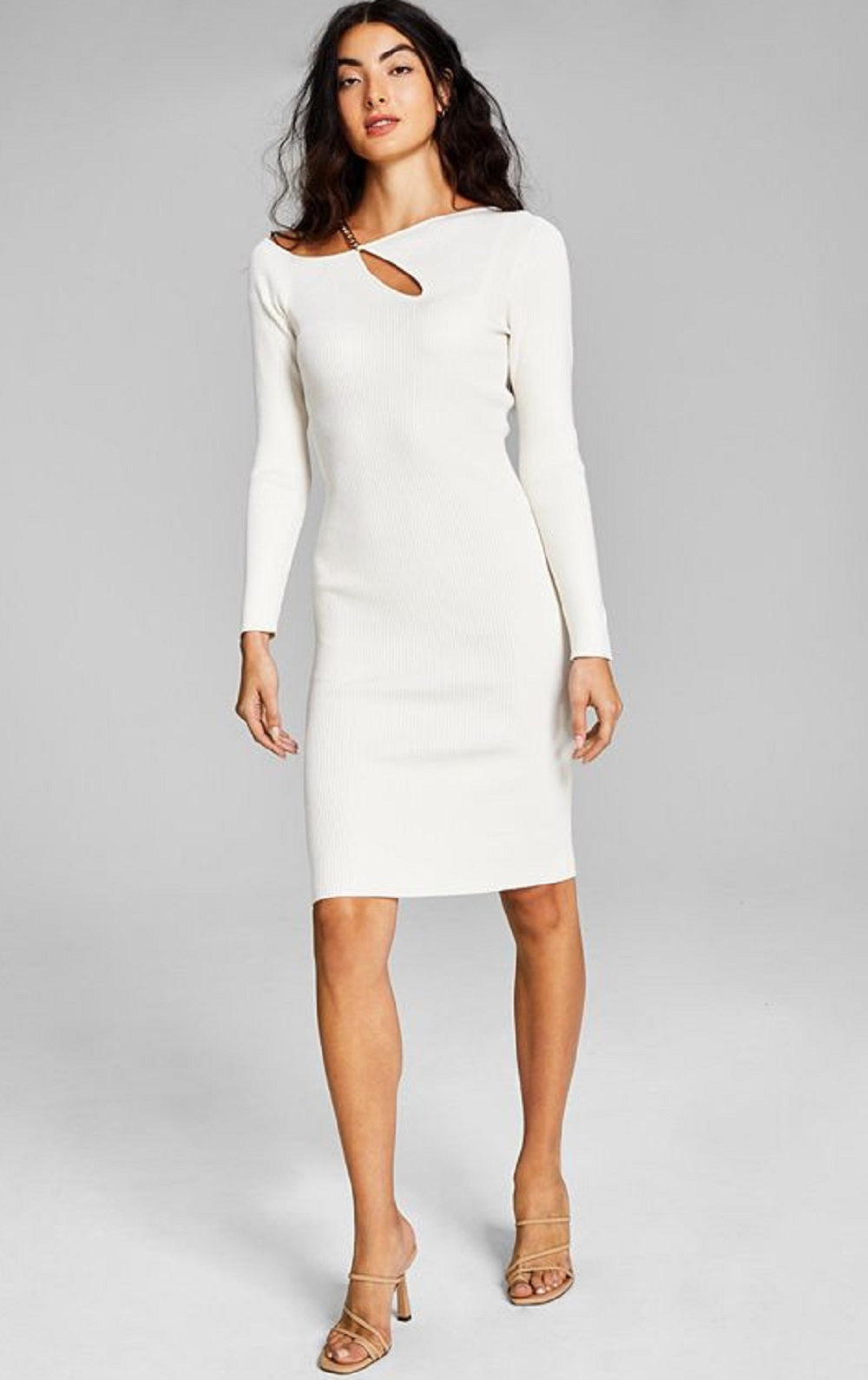 E agora este vestido suéter feminino de manga comprida com recorte em corrente, tamanho pequeno, branco