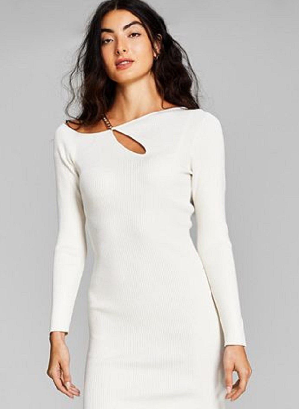 E agora este vestido suéter feminino de manga comprida com recorte em corrente, tamanho pequeno, branco
