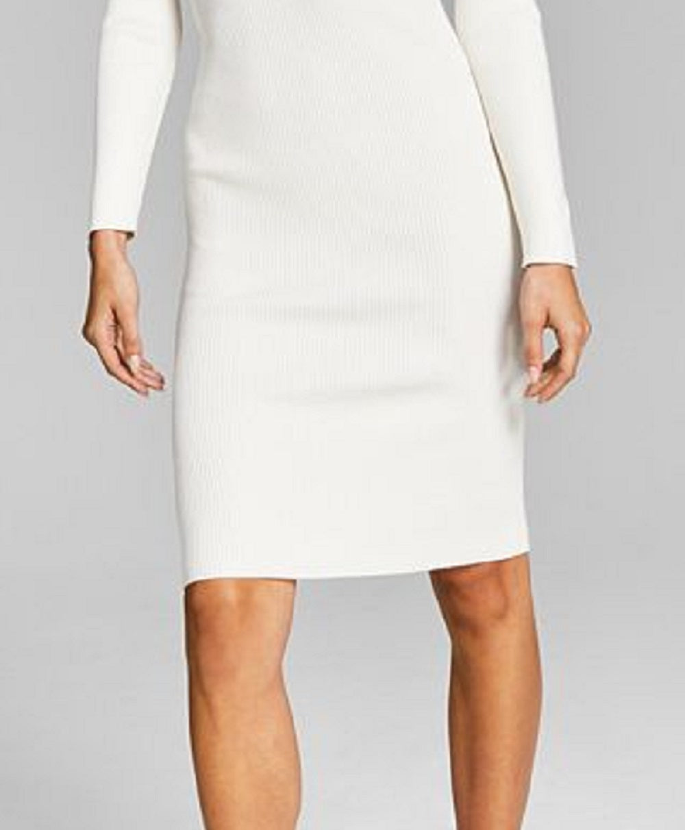 E agora este vestido suéter feminino de manga comprida com recorte em corrente, tamanho pequeno, branco