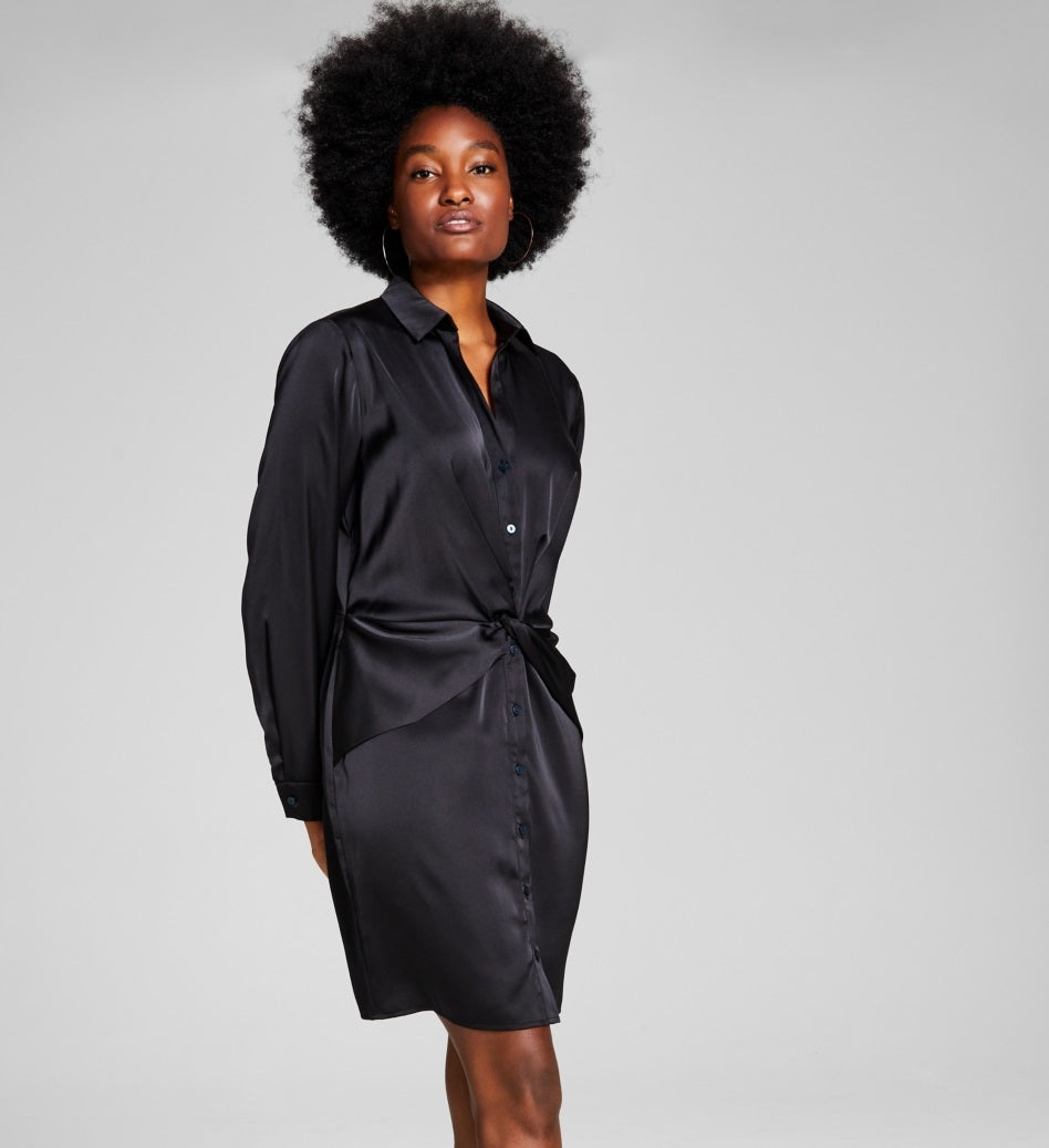 E agora este vestido-camisa feminino de manga comprida torcida, preto, tamanho grande