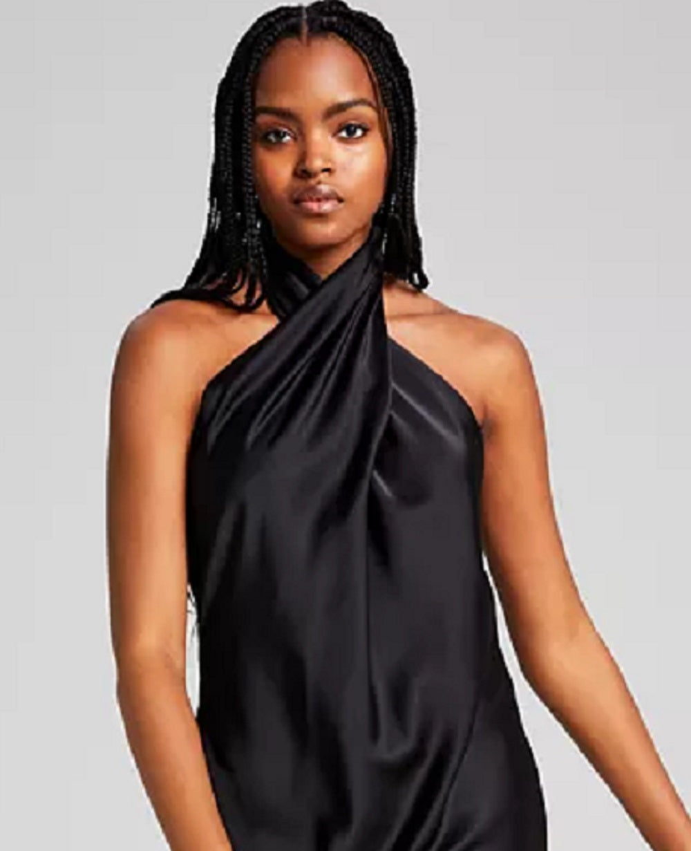 E agora este vestido feminino com decote halter e frente torcida, preto, tamanho grande
