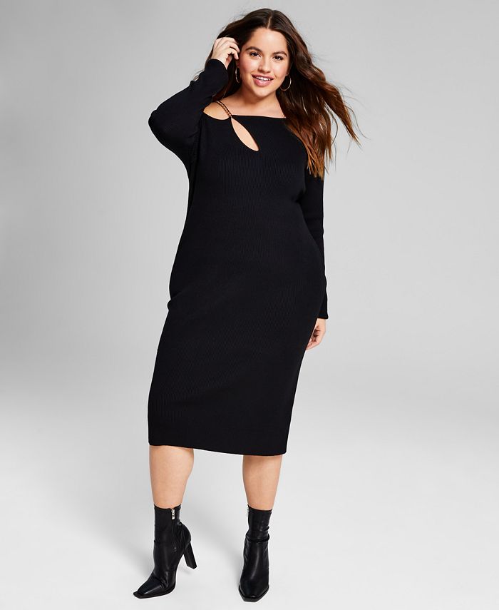 E agora este vestido suéter feminino de malha canelada com alça de corrente, preto, tamanho 2X