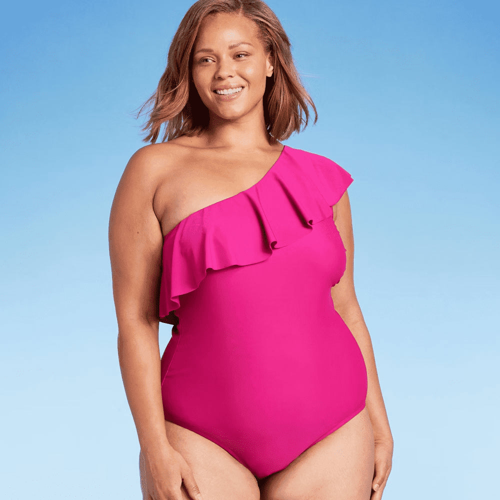 Kona Sol Maiô Feminino com Babados, Um Ombro e Alta Cobertura, Rosa, Tamanho 16