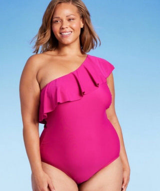 Kona Sol Maiô Feminino com Babados, Um Ombro e Alta Cobertura, Rosa, Tamanho 18