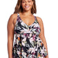 Top tankini feminino Kona Sol com decote em V profundo e alças nas costas, estampa floral preta, tamanho 3X