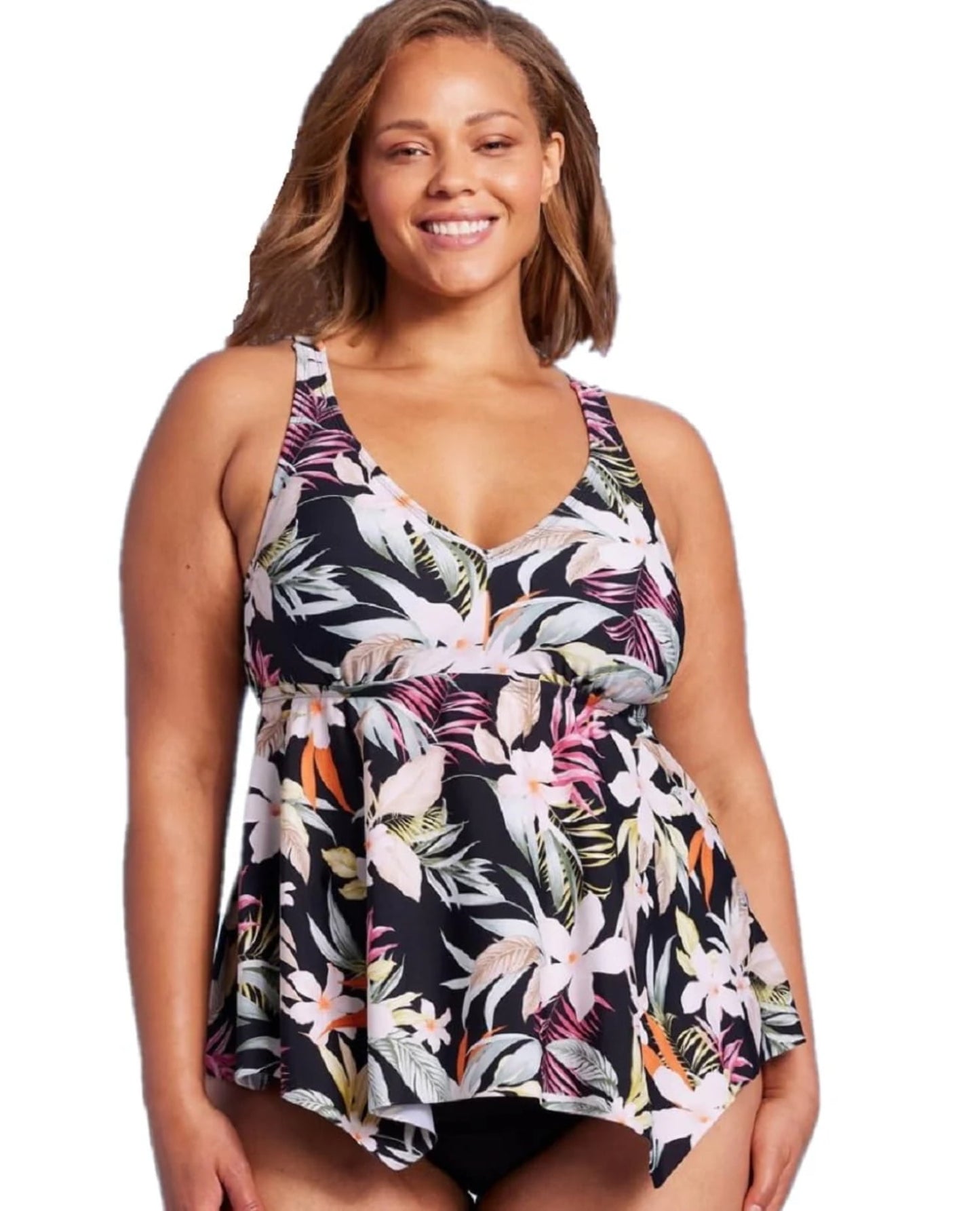 Top tankini feminino Kona Sol com decote em V profundo e alças nas costas, estampa floral preta, tamanho 3X