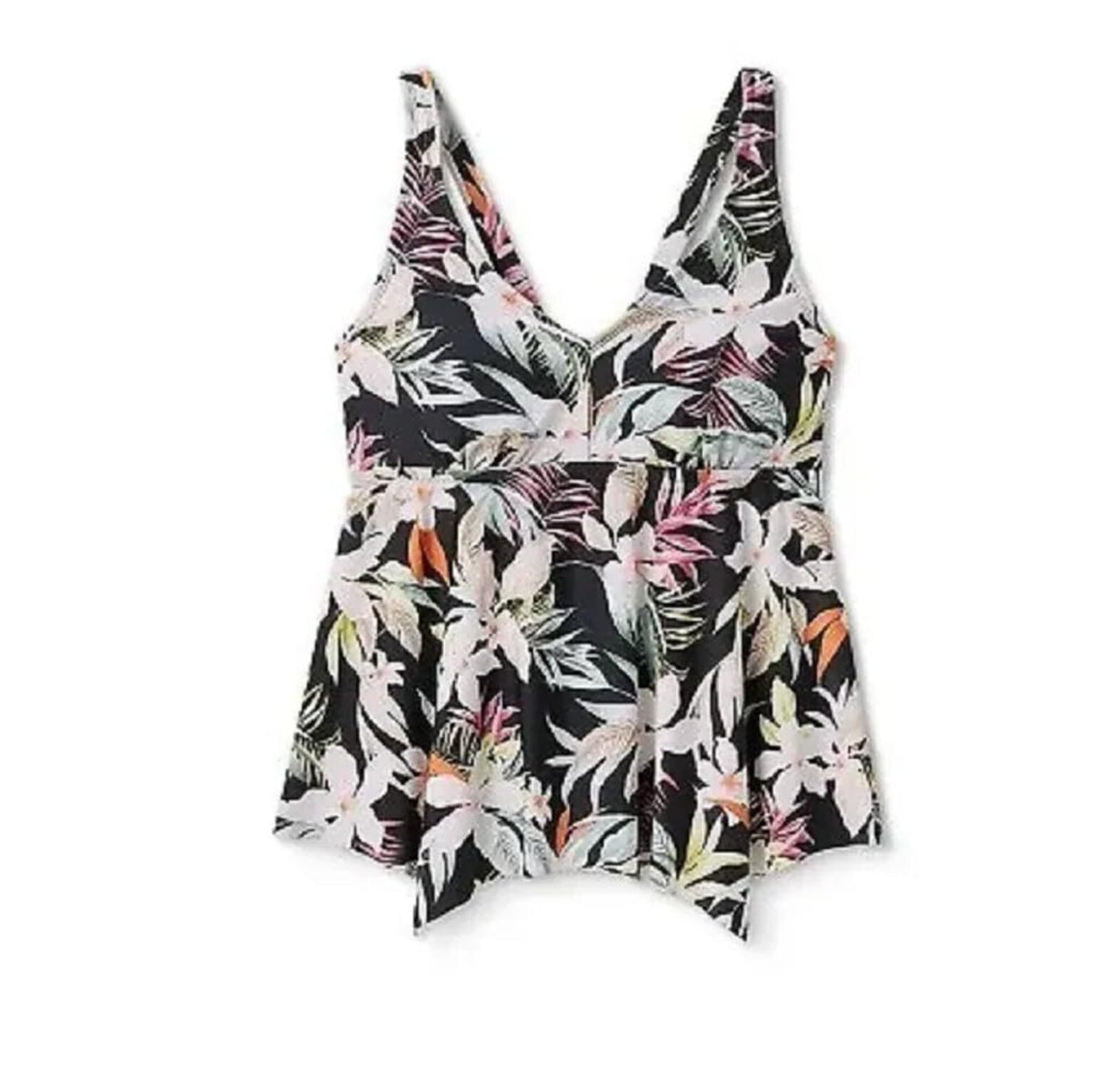Top tankini feminino Kona Sol com decote em V profundo e alças nas costas, estampa floral preta, tamanho 3X