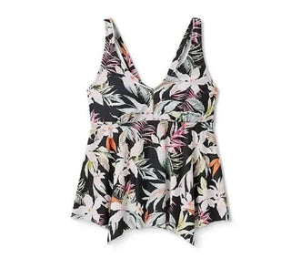 Top tankini feminino Kona Sol com decote em V profundo e alças nas costas, estampa floral preta, tamanho 3X