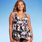 Top tankini feminino Kona Sol com decote em V profundo e alças nas costas, estampa floral preta, tamanho 3X